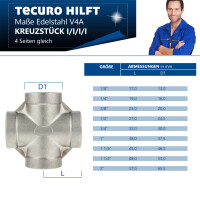 tecuro Kreuzstück Edelstahl V4A (AISI 316), allseitig IG 1 Zoll