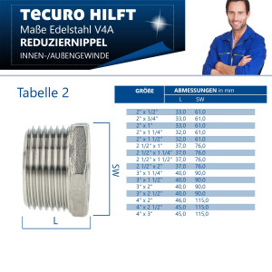 tecuro Reduzierstück Edelstahl V4A (AISI 316), AG x IG 1 x 1/2 Zoll