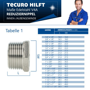 tecuro Reduzierstück Edelstahl V4A (AISI 316), AG x IG 1 1/4 x 3/4 Zoll