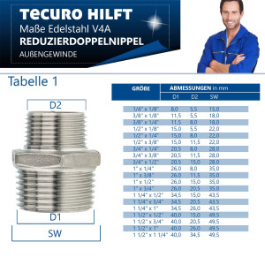 tecuro Reduktions-Doppelnippel Edelstahl V4A (AISI 316), AG/AG 1/2 x 1/4 Zoll