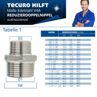 tecuro Reduktions-Doppelnippel Edelstahl V4A (AISI 316), AG/AG 3/4 x 1/2 Zoll