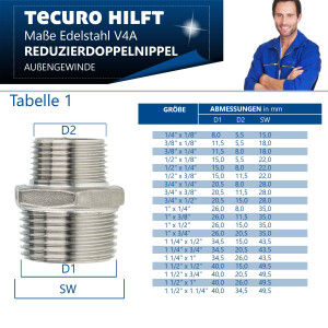 tecuro Reduktions-Doppelnippel Edelstahl V4A (AISI 316), AG/AG 1 1/2 x 1 1/4 Zoll