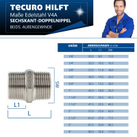 tecuro Doppelnippel Edelstahl V4A (AISI 316), AG/AG 1/4 Zoll