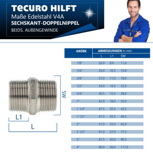 tecuro Doppelnippel Edelstahl V4A (AISI 316), AG/AG 1 1/4 Zoll