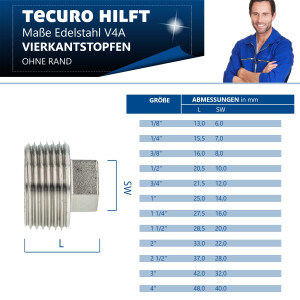 tecuro Stopfen mit Vierkant Edelstahl V4A (AISI 316), AG 1 1/4 Zoll