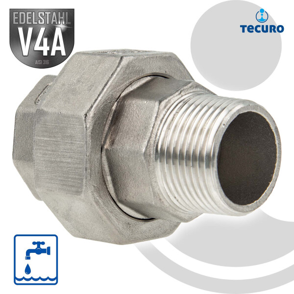 tecuro Verschraubung flach dichtend Edelstahl V4A (AISI 316), IG x AG 1 Zoll