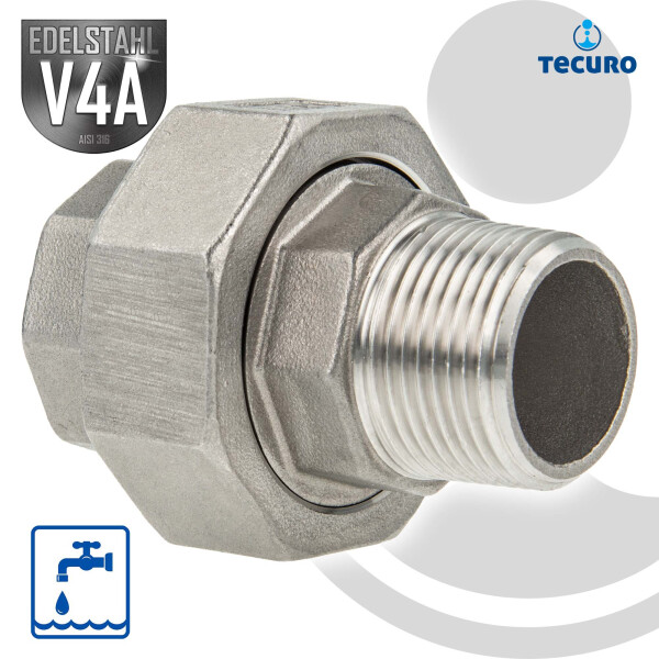 tecuro Verschraubung konisch dichtend Edelstahl V4A (AISI 316), IG x AG 1 Zoll
