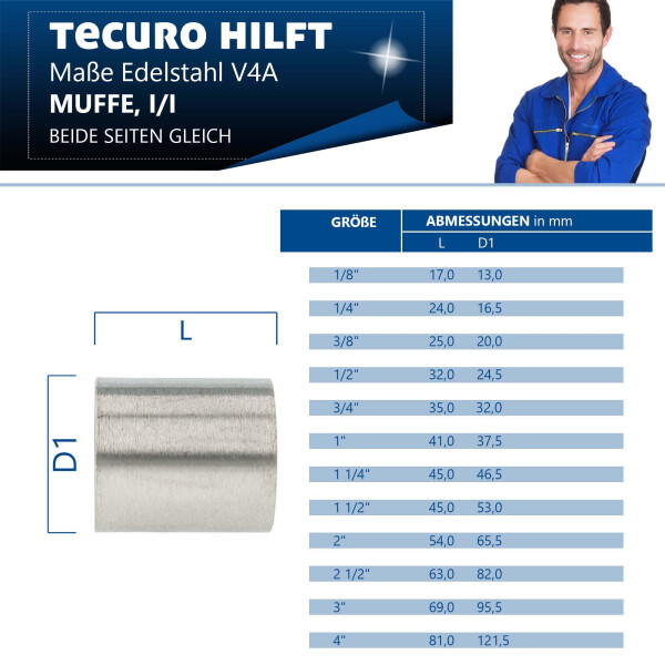 Tecuro Schweißmuffe Edelstahl V4A – IG 1/2 Zoll, DIN ISO 7-1, Für Trinkwasser, PN10, Bis 220°C – Korrosionsbeständig