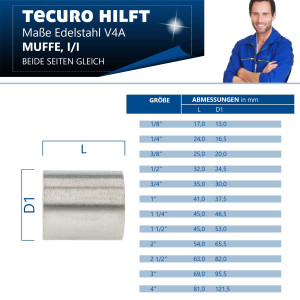 tecuro Muffe - Schweißmuffe Edelstahl V4A (AISI 316), IG 1 Zoll