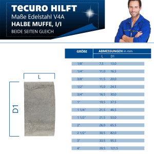 tecuro Muffe - Schweißmuffe halb Edelstahl V4A (AISI 316), IG - verschiedene Größen