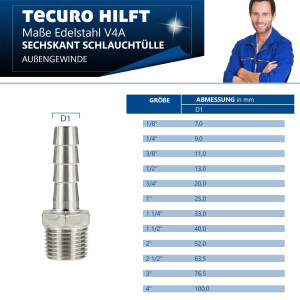 tecuro Schlauchnippel/Schlauchstutzen Edelstahl V4A (AISI 316), AG 1/8 Zoll x 7 mm