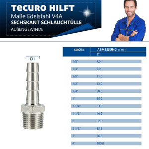 tecuro Schlauchnippel/Schlauchstutzen Edelstahl V4A (AISI 316), AG 1/4 Zoll x 9 mm