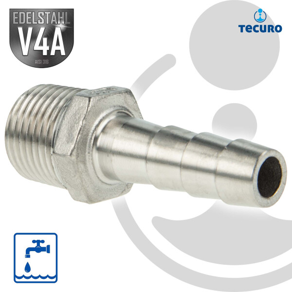 tecuro Schlauchnippel/Schlauchstutzen Edelstahl V4A (AISI 316), AG 1/2 Zoll x 13 mm