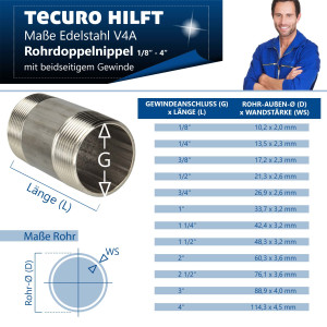 Rohrdoppelnippel Langnippel Edelstahl V4A (AISI 316), AG/AG konisch 1/2 Zoll x 60 mm