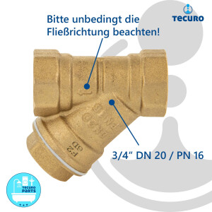 tecuro Schrägsitz-Schmutzfänger G 3/4 Zoll (DN 20) mit Edelstahlsieb 0,5 mm Maschenweite, Messing