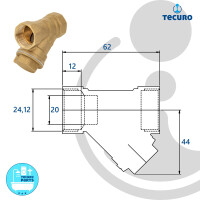 tecuro Schrägsitz-Schmutzfänger G 3/4 Zoll (DN 20) mit Edelstahlsieb 0,5 mm Maschenweite, Messing