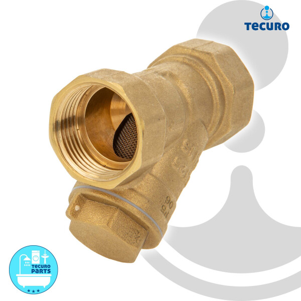 tecuro Schrägsitz-Schmutzfänger G 1 Zoll (DN 25) mit Edelstahlsieb 0,5 mm Maschenweite, Messing