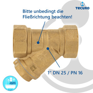 tecuro Schrägsitz-Schmutzfänger G 1 Zoll (DN 25) mit Edelstahlsieb 0,5 mm Maschenweite, Messing