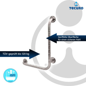 tecuro 1000 Massiver Wand-/Stütz-/Haltegriff rechts, 600 x 450 mm, TÜV-geprüft bis 120 kg, Behindertengerecht, Edelstahl poliert