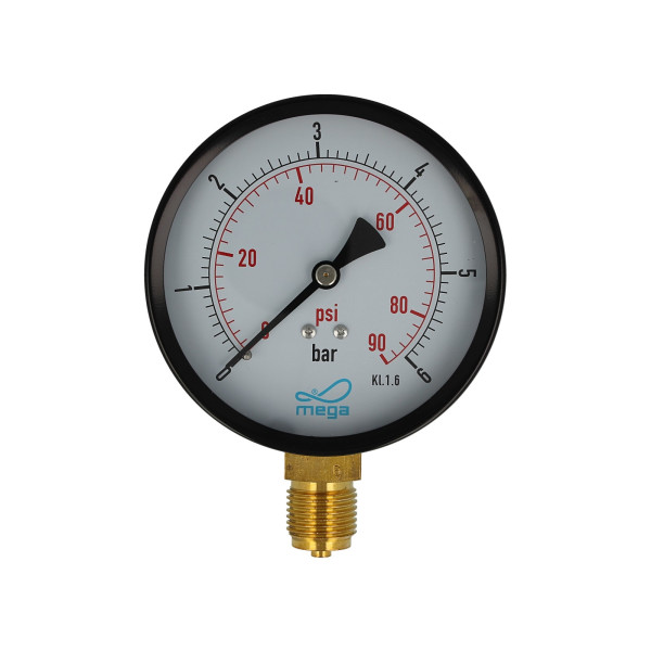 MEGA Druckmanometer 0 - 6 bar - 1/2 Zoll Anschluss nach unten Radial Ø 100 mm