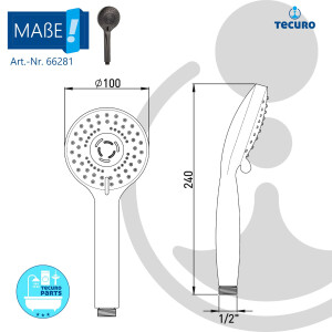 tecuro Handbrause ew-100 mit 5-Funktionen - Ø 100 mm mit Antikalkdüsen, mattschwarz