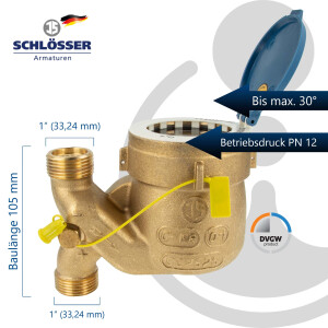 JS Fallrohr Hauswasserzähler MNRF 3/4 Zoll DN 20  Q3=4, R80,  Baulänge 105 mm