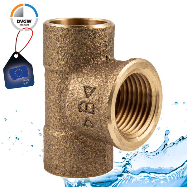 Rotguss-Lötfitting T-Stück 22 mm x 1/2 Zoll IG - Typ 4130G, DVGW