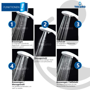 tecuro Handbrause ew-100 mit 5-Funktionen - Ø 100 mm mit Antikalkdüsen, weiß-matt