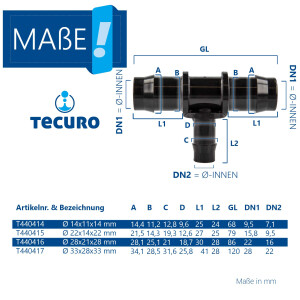 tecuro Schlauchverbinder T-Stück Ø 22 x 14  x 22 mm, KS-schwarz, 10 bar