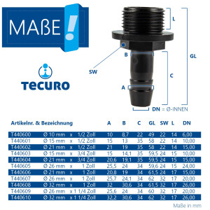 tecuro Schlauchtülle Ø 32 mm x 1 1/4 Zoll Außengewinde (G), PP schwarz