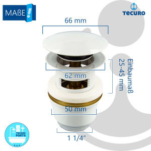 tecuro Pop Up Ablaufgarnitur weiß RAL 9010, 1 1/4 Zoll - für Waschbecken mit Überlauf