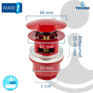 tecuro Pop Up Ablaufgarnitur rot RAL 3003, 1 1/4 Zoll - für Waschbecken mit Überlauf