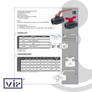 VIR Kugelhahn Typ 220, IG/IG 1 1/2 (6/4) Zoll, PP,...