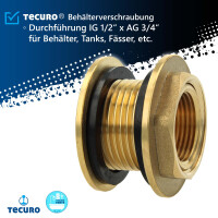 tecuro Regentonnendurchführung IG 1/2 x AG 3/4 Zoll - für Behälter, Tanks und Fässer - Messing