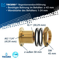 tecuro Regentonnendurchführung 1 x 1 1/4 Zoll - für Behälter, Tanks und Fässer - Messing