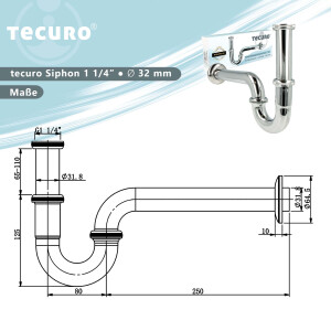 tecuro PROFI Röhrengeruchsverschluss Siphon1 1/4 Zoll x 32 mm, extra lang - Messing verchromt