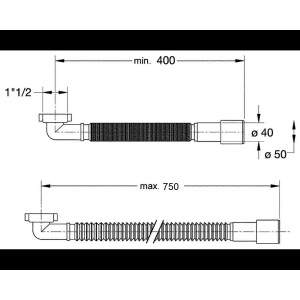 tecuro flexibler Spülen-Ablaufschlauch 1 1/2" x Ø 40/50 mm, ausziehbar 400 mm bis 750 mm
