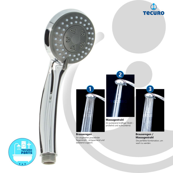 tecuro Komfort-Handbrause Ø 70 mm - mit 3-Funktionen und Antikalknoppen, verchromt