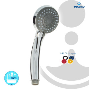 tecuro Komfort-Handbrause Ø 70 mm, mit 3-Funktionen und Antikalknoppen, verchromt