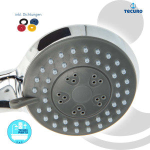 tecuro Komfort-Handbrause Ø 70 mm, mit 3-Funktionen und Antikalknoppen, verchromt