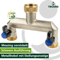 tecuro 2-Wege Verteilerstück 3/4 Zoll (DN15), einzeln absperrbar durch Kugelventile, Messing vernickelt