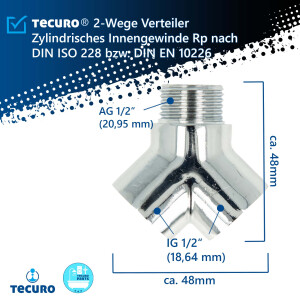 tecuro 2-Wege Verteiler Gabelstück allseitig 1/2 Zoll, Messing verchromt