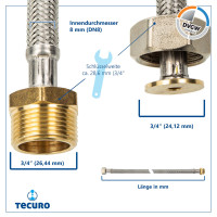 tecuro Sanitär DN 8 Verbindungsschlauch 3/4 ÜWM x 3/4 AG x 3000 mm - KTW-A DVGW