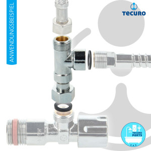 tecuro T-Stück Abzweig Verteiler für Eckventil, G 3/8 ÜWM x 3/8 AG x M15 x1 IG, Messing verchromt