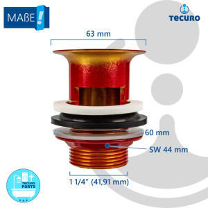 tecuro Universal Schaftventil rot RAL 3003 - für Waschbecken mit Überlauf