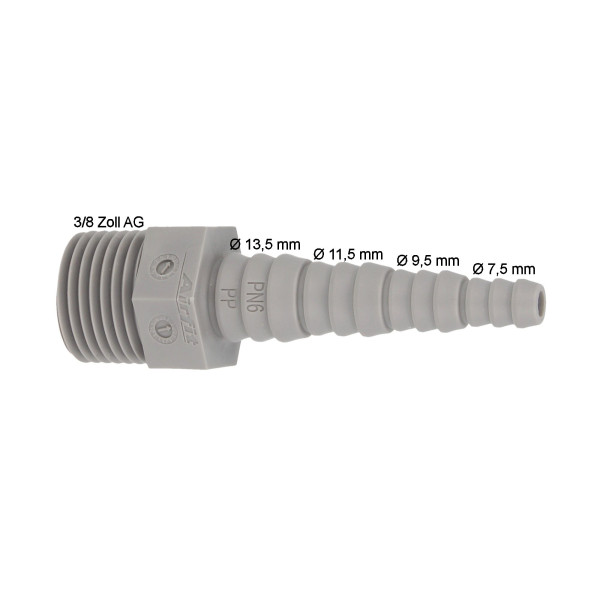 Airfit PP-Schlauchnippel mit 3/8 AG - f ür Schlauch von Ø 6 bis 14 