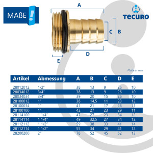 tecuro Schlauchstutzen - Schlauchtülle mit Außengewinde (O-Ring) - Messing-blank