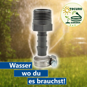 tecuro Schlauchtülle Ø 14-16 mm x 1/2 Zoll AG, mit Edelstahlschlauchschelle - Nylon grau