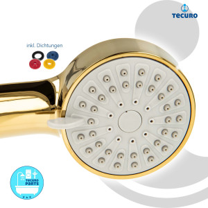 tecuro Handbrause ew-080 gold - mit 3-Funktionen und Antikalkdüsen, vergoldet