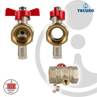 tecuro Kugelhahn mit Messfühleranschluss M10 x 1 mm, 3/4 Zoll IG/IG, MS-vernickelt, Flügelgriff